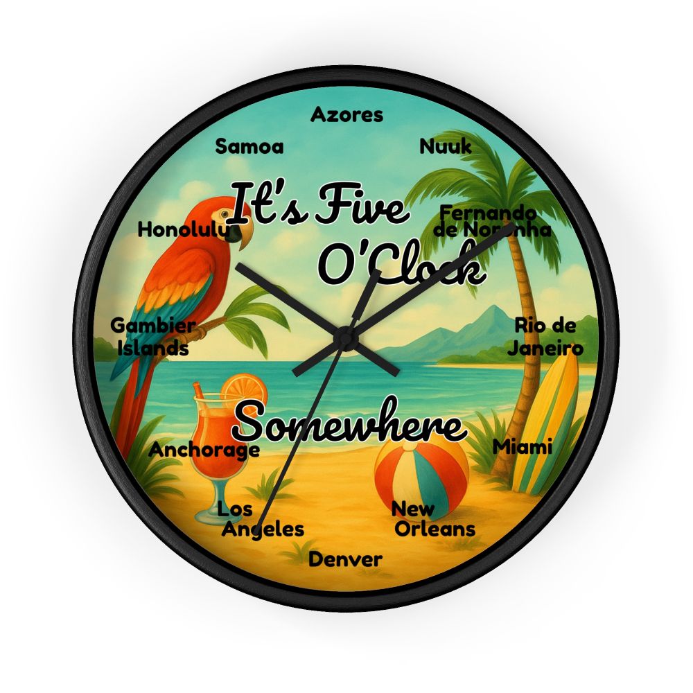 Custom time zone clock — black frame with tropical beach face