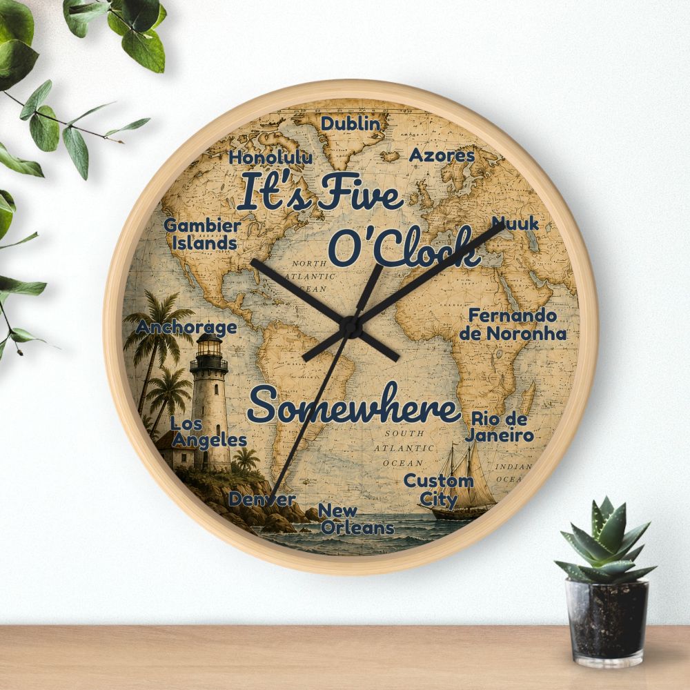 Custom time zone clock — vintage world-map face with your custom city