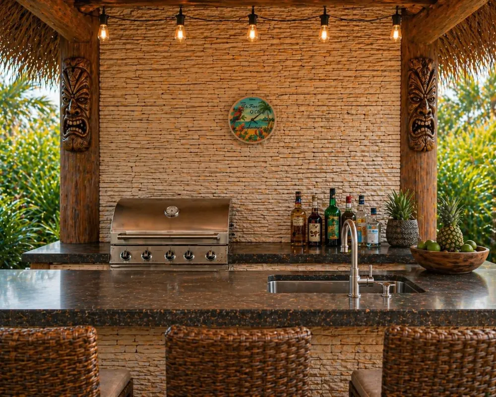 Custom time zone clock hanging in an outdoor tiki bar