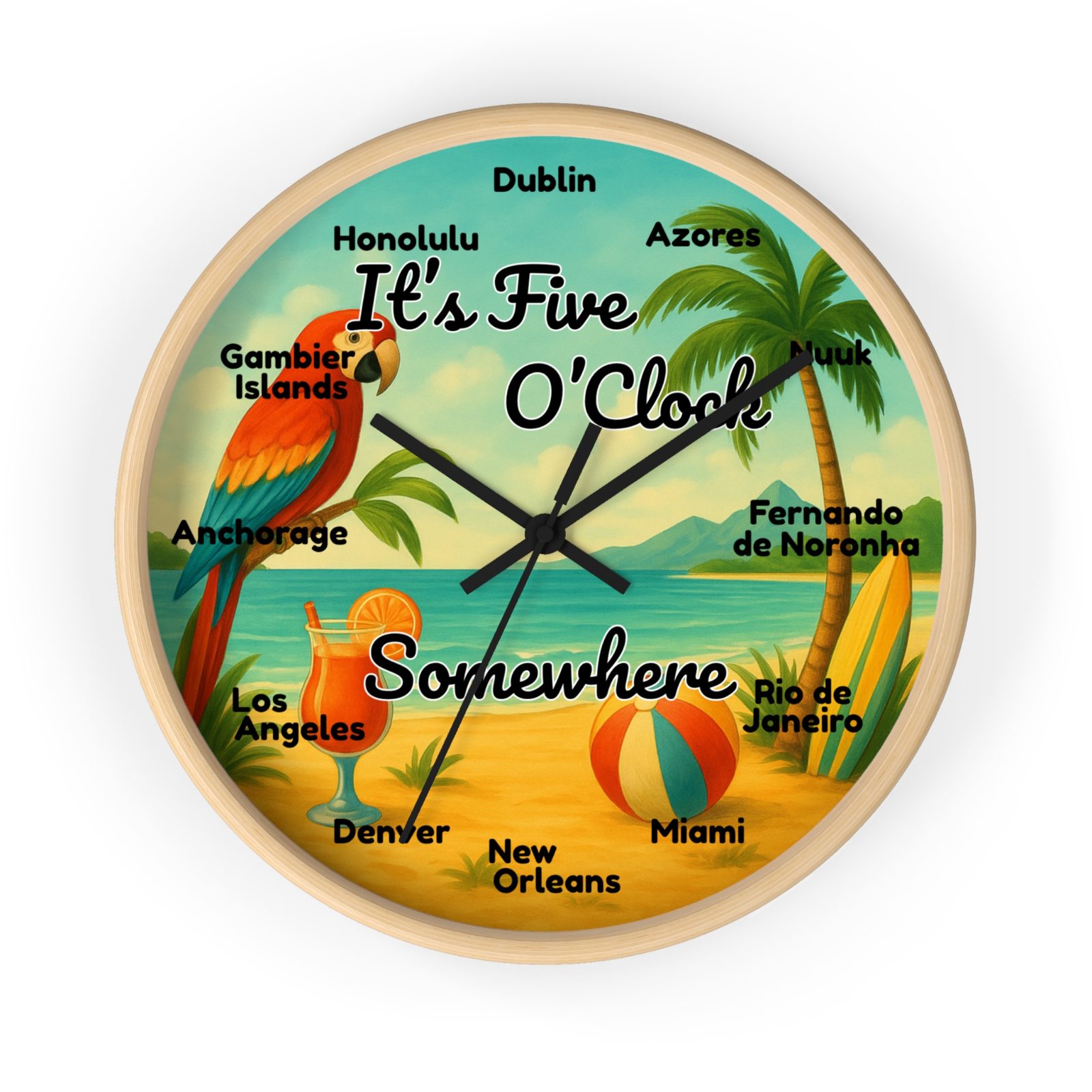 Custom time zone wall clock — wood frame with tropical beach face